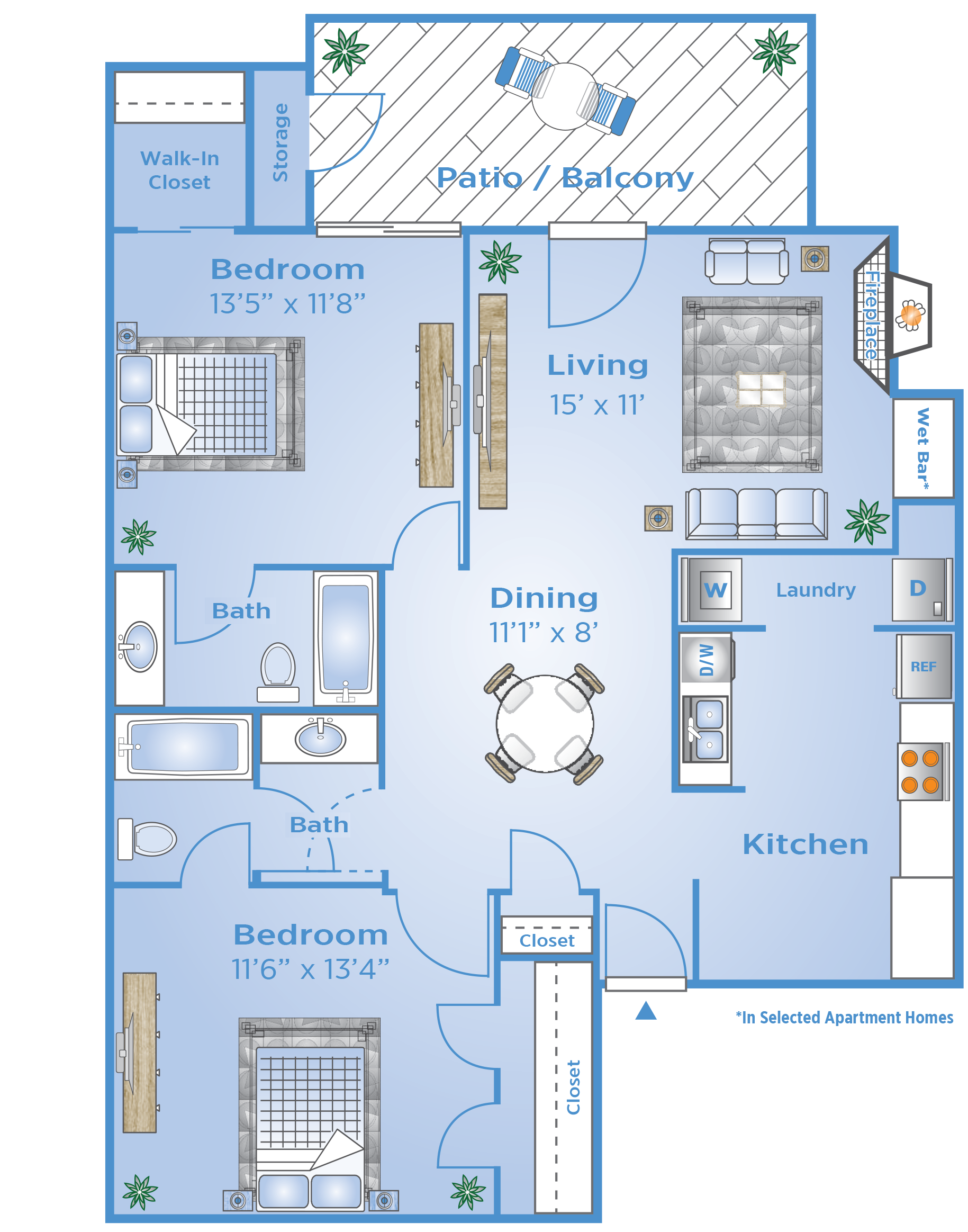 Floor plan for 2 beds, 2 baths, 1072 sqft